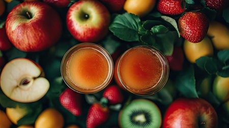 Close-up of two cocktail glasses with apple and multivitamin juices, surrounded by fresh ripe fruits.の素材