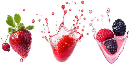 Different berries and splashing juice on a white background, capturing the essence of fresh fruit.の素材