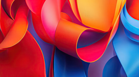 Colorful 3D design with flowing red, orange, and blue ribbons creating a vibrant abstract background.の素材