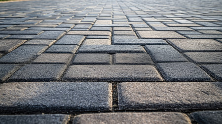 Concrete brick block paving a road, emphasizing the strength and uniform appearance of the paver bricks.の素材