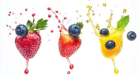 Different berries and juice splashes, isolated on white, creating a lively and refreshing image. --ar 16:9の素材
