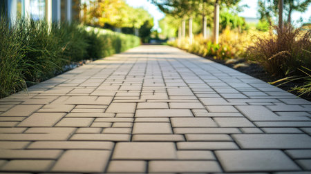 Concrete paver blocks on a walkway, highlighting the neat and uniform pattern of the paving.の素材