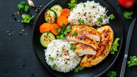 Delicious baked chicken fillet served with rice and vegetables on a black plate, photographed from above.の素材