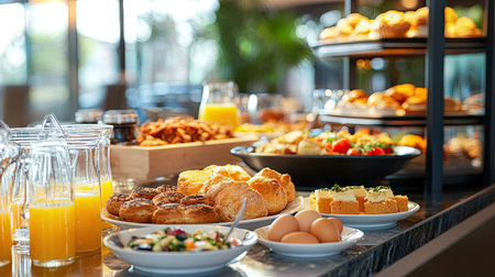 Elegant breakfast in a luxury resort: fresh bakery goods, eggs, orange juice, and a variety of gourmet morning plates.の素材