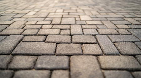Concrete brick block paving an empty driveway, illustrating the strength and uniform pattern of the paver floor.の素材