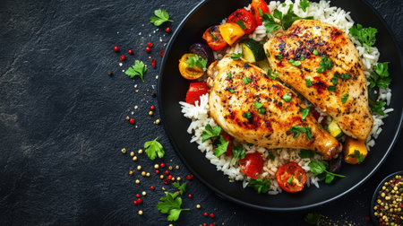 Delicious baked chicken fillet with rice and veggies on a black plate, top view, ample copy space.の素材