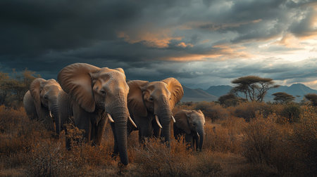 Elephant family in Tsavo West, Kenya, interacting in their natural environment with lush vegetation and dramatic skies.の素材