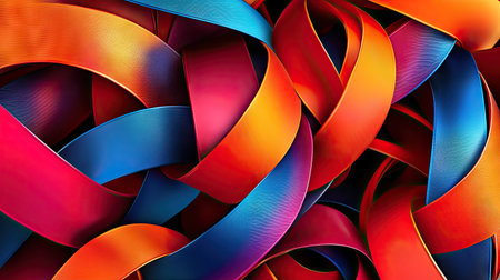 Dynamic 3D abstract background featuring intertwined red, orange, and blue ribbons.の素材