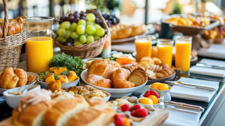 Elegant breakfast buffet in a city resort: fresh bakery, eggs, orange juice, and a variety of luxurious morning dishes.の素材