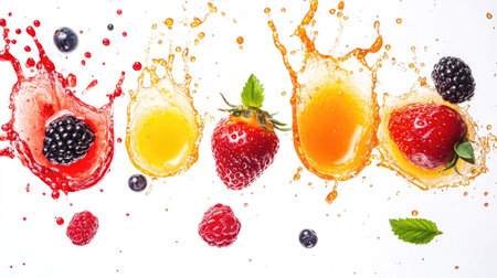 Different berries and juice splashes, isolated on white, creating a lively and refreshing image. --ar 16:9の素材
