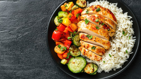 Delicious baked chicken fillet, rice, and vegetables on a black plate, top view with copy space.の素材