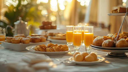 Elegant city resort breakfast: fresh bakery items, eggs, glasses of orange juice, and an assortment of morning dishes.の素材