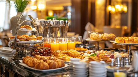 Elegant breakfast table in a luxury hotel buffet: fresh pastries, orange juice, eggs, and a variety of morning delights.の素材