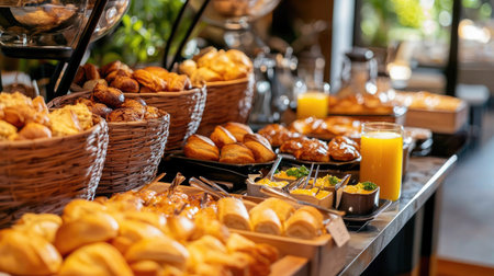Elegant breakfast buffet table in a luxury hotel: fresh pastries, orange juice, eggs, and a selection of morning favorites.の素材