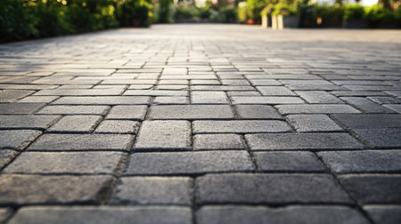 Concrete paver blocks forming a patio floor, emphasizing the clean and organized design of the paving.の素材