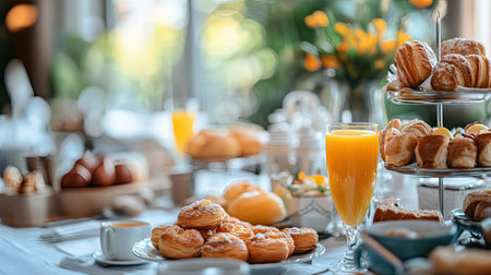 Elegant breakfast table in a luxury hotel buffet: fresh pastries, orange juice, eggs, and a variety of morning delights.の素材