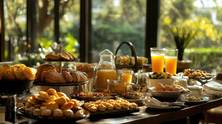 Elegant city resort breakfast: fresh bakery items, eggs, glasses of orange juice, and an assortment of morning dishes.の素材