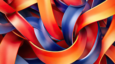 Dynamic 3D abstract background featuring intertwined red, orange, and blue ribbons.の素材