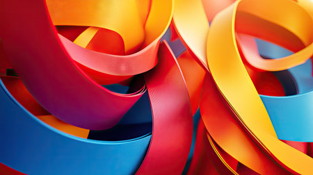 Dynamic 3D design with bright red, orange, and blue ribbons forming an abstract and colorful background.の素材
