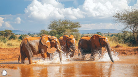Elephants bathing in a waterhole in Tsavo East National Park, with the water splashing and the surrounding natural beauty.の素材