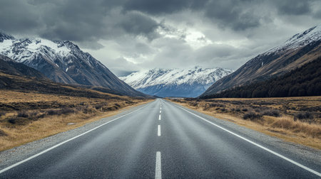 Empty asphalt road leading towards majestic snow mountains and a cloudy sky, ideal for car journey themes.の素材