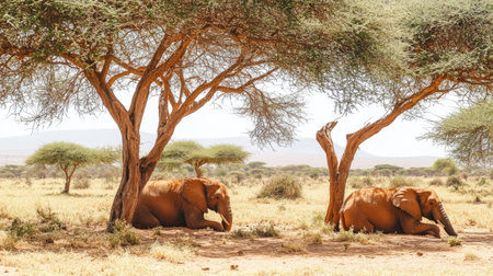 Elephants resting in the shade of acacia trees in Tsavo East, Kenya, capturing their peaceful demeanor in the wild.の素材