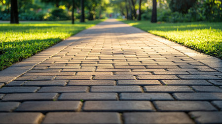 Empty pathway paved with brick blocks, displaying the uniformity and neatness of the paver floor.の素材