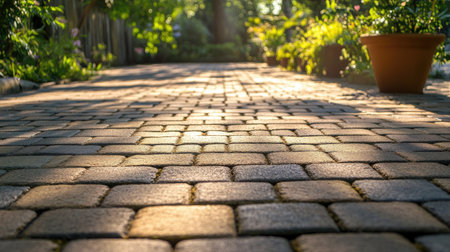 Empty patio with brick block paving, emphasizing the neat and organized design of the paver floor.の素材