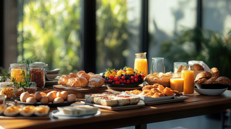 Gourmet breakfast spread in a modern city resort: fresh bakery, eggs, orange juice, and an array of delicious morning foods. -の素材