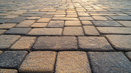 Empty road with stone brick blocks, showcasing the neat pattern and durability of the paver floor. -の素材