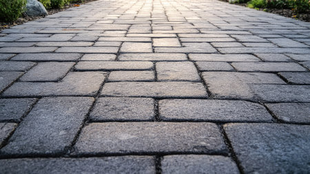 Empty path paved with stone paver blocks, illustrating the detailed texture and design of the paving.の素材