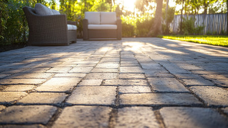 Empty patio with brick block paving, showcasing the decorative and functional aspects of the paver floor.の素材