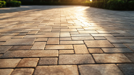 Empty patio with brick block paving, showcasing the decorative and functional aspects of the paver floor.の素材