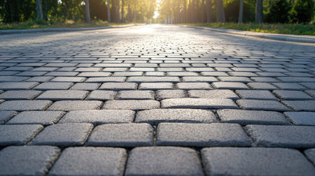 Empty road with stone brick blocks, illustrating the neat pattern and durability of the paver floor.の素材