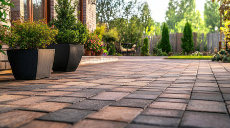 Empty patio with brick block paving, showcasing the decorative and functional aspects of the paver floor.の素材
