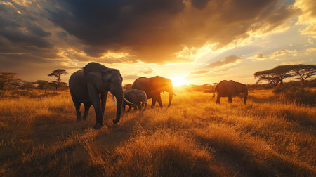 Family of elephants walking through Tsavo West, Kenya, with the sun setting behind them and casting long shadows on the ground.の素材