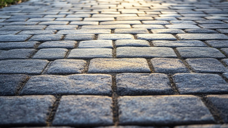 Empty road with stone paver blocks, illustrating the clean and structured pattern of the paving.の素材