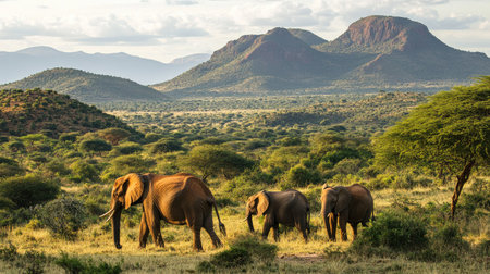Family of elephants grazing in Tsavo West National Park, with the rugged terrain and bushland in the background.の素材
