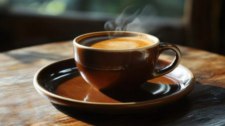 High-angle view of a hot coffee cup on a brown plate, with the steam rising and the coffee rich color beautifully displayed.の素材