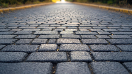 Empty road with stone paver blocks, illustrating the clean and structured pattern of the paving.の素材