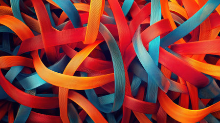 Energetic 3D abstract background with intertwined bright red, orange, and blue ribbons in a dynamic pattern.の素材