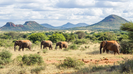 Family of elephants grazing in Tsavo West National Park, with the rugged terrain and bushland in the background.の素材