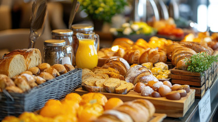 High-end breakfast buffet at a luxury hotel: fresh bread, pastries, eggs, orange juice, and a spread of gourmet options.の素材