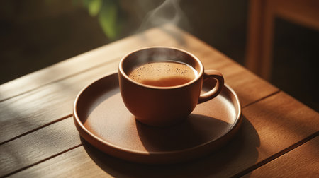 High-angle shot of a hot coffee cup on a brown plate, focusing on the rich tones and inviting steam of the beverage.の素材