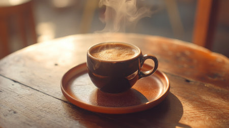 High-angle shot of a hot coffee cup on a brown plate, focusing on the rich tones and inviting steam of the beverage.の素材