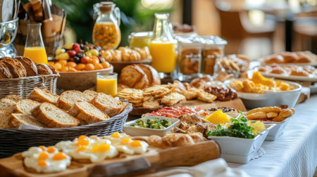 High-end breakfast buffet at a luxury hotel: fresh bread, pastries, eggs, orange juice, and a spread of gourmet options.の素材