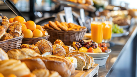 High-end breakfast buffet in a city resort: fresh bread, pastries, orange juice, eggs, and a selection of gourmet foods.の素材