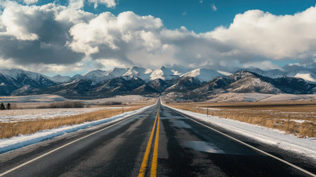 Highway disappearing into the distance with snow mountains and a cloudy sky, highlighting road trip landscapes.の素材