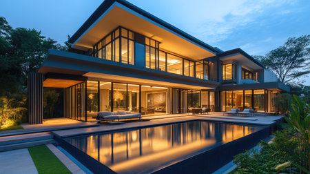 Modern villa with expansive windows and a stylish pool area, highlighting innovative architectural design.の素材