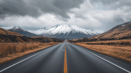 Long asphalt road extending towards snowy mountains under a cloudy sky, ideal for adventure imagery.の素材